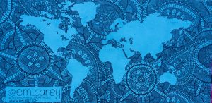 Map of the world, stylized with swirling mandala patterns and dots